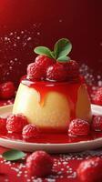 Delicious dessert topped with fresh raspberries and vibrant red glaze on a plate photo