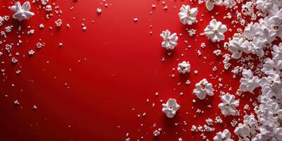 Creative arrangement of popcorn and flowers on a vibrant red background highlights fun snack ideas for gatherings photo