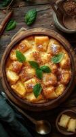 Delicious bread pudding served in a rustic wooden bowl with fresh mint leaves on a rustic wooden table photo