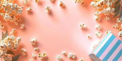 Decorative arrangement of popcorn and a gift box on a pastel background for a celebration or party setting photo