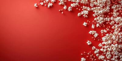 Bright red backdrop with delicate white flowers arranged artistically in a floral display for decoration photo