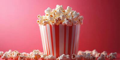 Delicious popcorn overflowing from a striped container against a vibrant red background photo