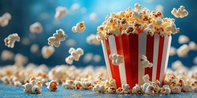 Popcorn spills from a classic striped bucket creating a fun and lively atmosphere for a movie night photo