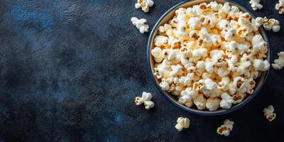 Bowl of freshly popped popcorn on a dark textured surface ready for a movie night photo