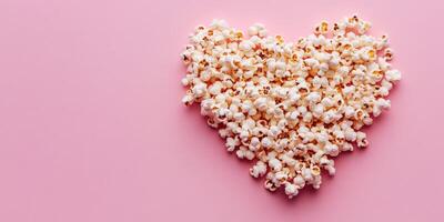 en forma de corazon arreglo de palomitas de maiz en un rosado antecedentes para un juguetón bocadillo presentación foto