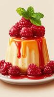 Creamy dessert topped with fresh raspberries and caramel sauce delights the senses photo