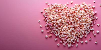 en forma de corazon arreglo de palomitas de maiz en un rosado antecedentes para un juguetón y divertido bocadillo idea foto