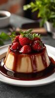 Delicious dessert featuring creamy flan topped with ripe strawberries and drizzled with chocolate sauce, perfect for any occasion photo