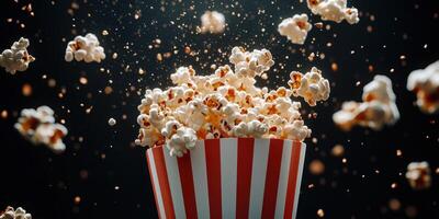 Popcorn bursts from striped bucket in a dynamic display during a movie night celebration photo