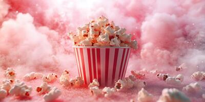 Popcorn bowl sits amid a fluffy cloud of pink mist with scattered pieces around in a whimsical setting photo