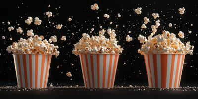 Popcorn kernels burst in the air from striped cups during a fun movie night celebration photo