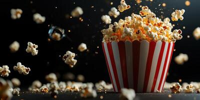 Popcorn bursts into the air from a striped container, creating an exciting snack moment in a dimly lit setting photo