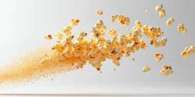 Popcorn bursts into the air creating an explosion of fluffy kernels against a plain background photo