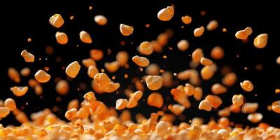 Vibrant orange corn kernels scattered against a dark background creating a playful and dynamic display photo