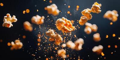 Popcorn kernels explode in the air creating a dynamic spectacle against a dark background photo