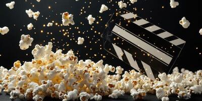 Popcorn bursts into the air as a clapperboard signals the start of a film scene in a studio setting at night photo