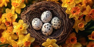 Nest of speckled eggs surrounded by vibrant yellow flowers in a spring garden photo