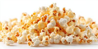 Freshly popped corn piled on a clean white surface, showcasing its fluffy, golden texture perfect for snacking photo