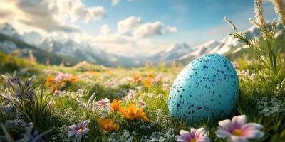Giant blue speckled egg resting in a vibrant flower-filled meadow surrounded by mountains on a sunny day photo