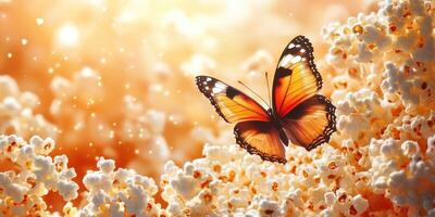 Colorful butterfly perched on fluffy popcorn against a bright, dreamy background during a serene moment in nature photo
