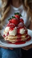 Stack of fluffy pancakes topped with strawberries and ice cream presented on a plate in a cozy setting photo