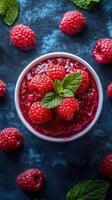 Fresh raspberry dessert topped with mint leaves on a dark textured background photo
