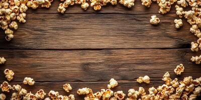 Popcorn scattered around wooden table creating a rustic and inviting snack scene for movie nights photo