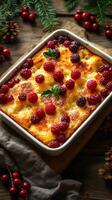 Delicious baked dessert topped with fresh raspberries, garnished with mint leaves on wooden table photo