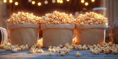 Freshly popped popcorn displayed in burlap sacks at a festive outdoor event during the evening with string lights photo