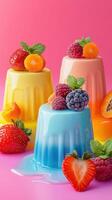 Colorful jelly desserts with fresh fruit and mint on a bright pink background captured in a vibrant setting photo