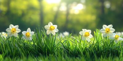 Bright white daffodils bloom in lush green grass under warm sunlight in a tranquil garden setting during springtime photo