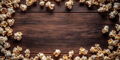 Popcorn scattered around a wooden surface creates a cozy and inviting atmosphere perfect for movie nights photo