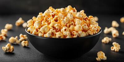 Freshly popped popcorn in a black bowl against a dark textured background with scattered kernels photo