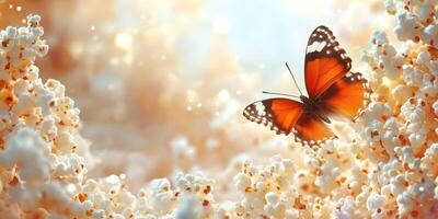 Colorful butterfly resting among blooming flowers in a serene garden during golden hour photo