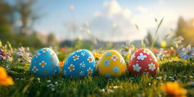 Colorful decorated eggs on a sunny spring day in a blooming meadow filled with flowers and vibrant greenery photo