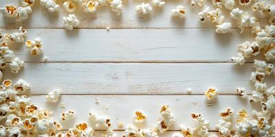 Popcorn scattered on a rustic wooden table background, creating a casual and inviting atmosphere for a movie night or celebration photo