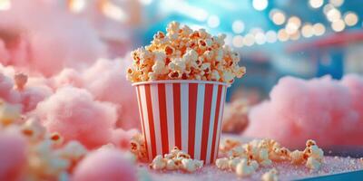Enjoying a delightful treat of popcorn amidst vibrant cotton candy at a lively fairground setting photo