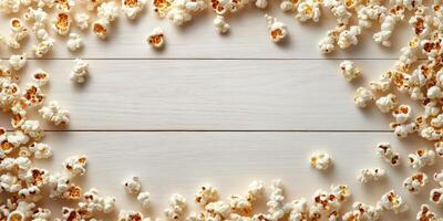 Popcorn scattered on a wooden surface creating a fun and inviting snack arrangement for movie night or celebration gatherings photo