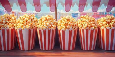 Popcorn stand at a carnival with multiple striped containers filled with fresh popcorn during a bright sunny day photo