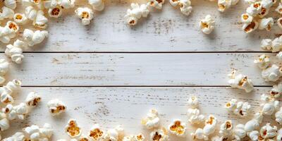 Freshly popped popcorn arranged in a circular pattern on a rustic wooden surface ready for movie night or snacking photo