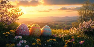 Colorful Easter eggs placed on vibrant flowers under a beautiful sunset sky in a serene countryside setting photo