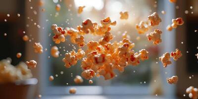 Popcorn kernels explode in mid-air, creating a delightful and dynamic effect indoors during evening hours photo