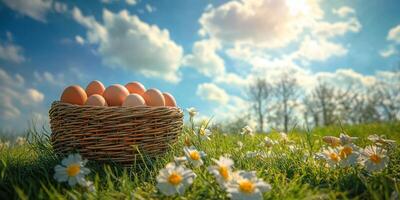 Colorful eggs in a woven basket resting on green grass surrounded by blooming daisies under a bright sky photo