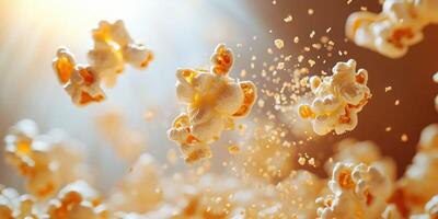 Popcorn kernels bursting in the air during a movie night celebration at home in the evening buzz photo