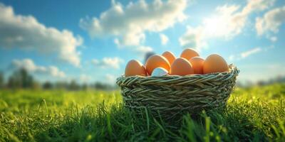Freshly gathered eggs resting in a woven basket under a bright sky in a green field during the day photo