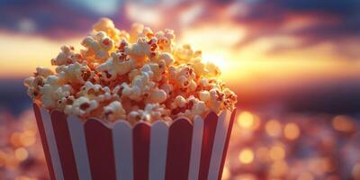 Popcorn in a striped container with a stunning sunset background over a city skyline photo