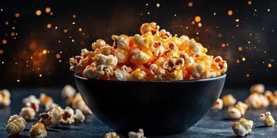Crunchy popcorn in a black bowl surrounded by scattered kernels on a dark background with golden sparkles photo