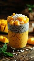 Refreshing mango chia pudding topped with fresh mango and coconut at a cozy kitchen setting photo