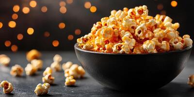 Delicious caramel popcorn served in a dark bowl with a blurred festive background at a cozy gathering photo