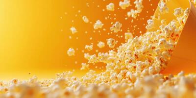 Popcorn spills from a container against a bright yellow background creating a playful atmosphere of fun and enjoyment photo